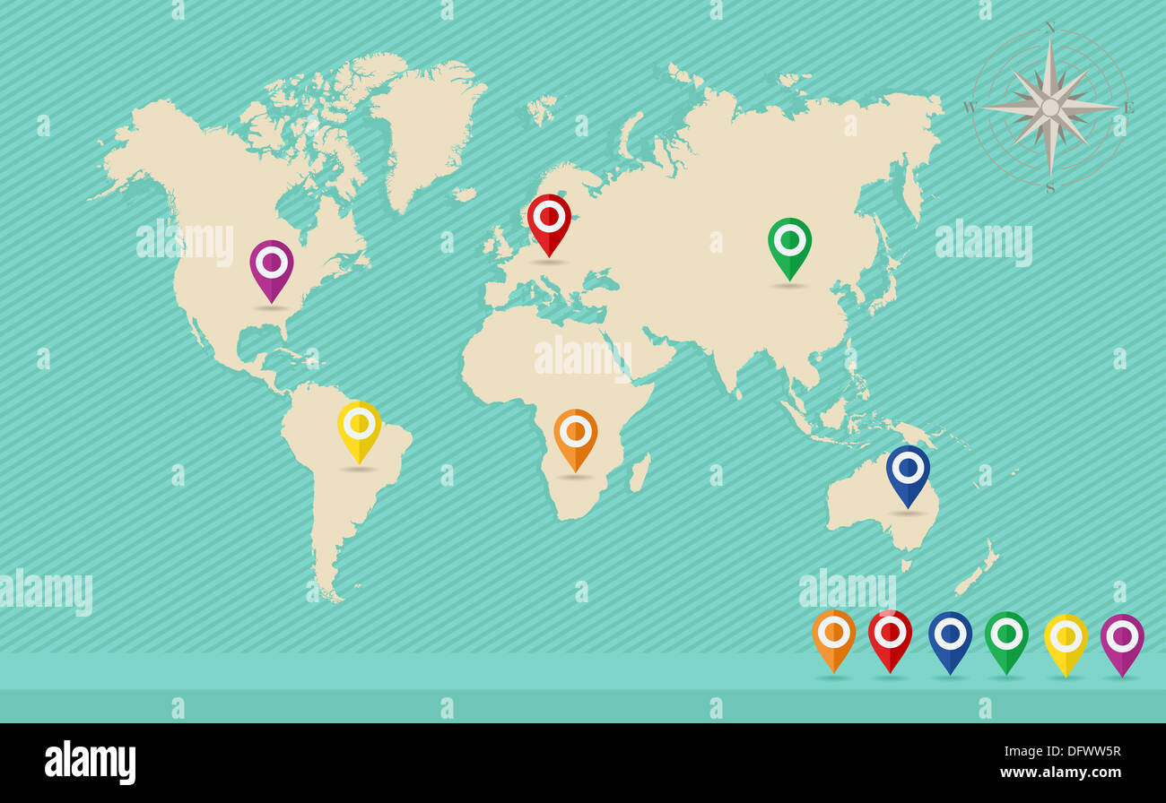 Weltweit-Konzeption. GPS-Zeiger in mehreren Ländern und Kontinenten. EPS-Vektor. Stockfoto