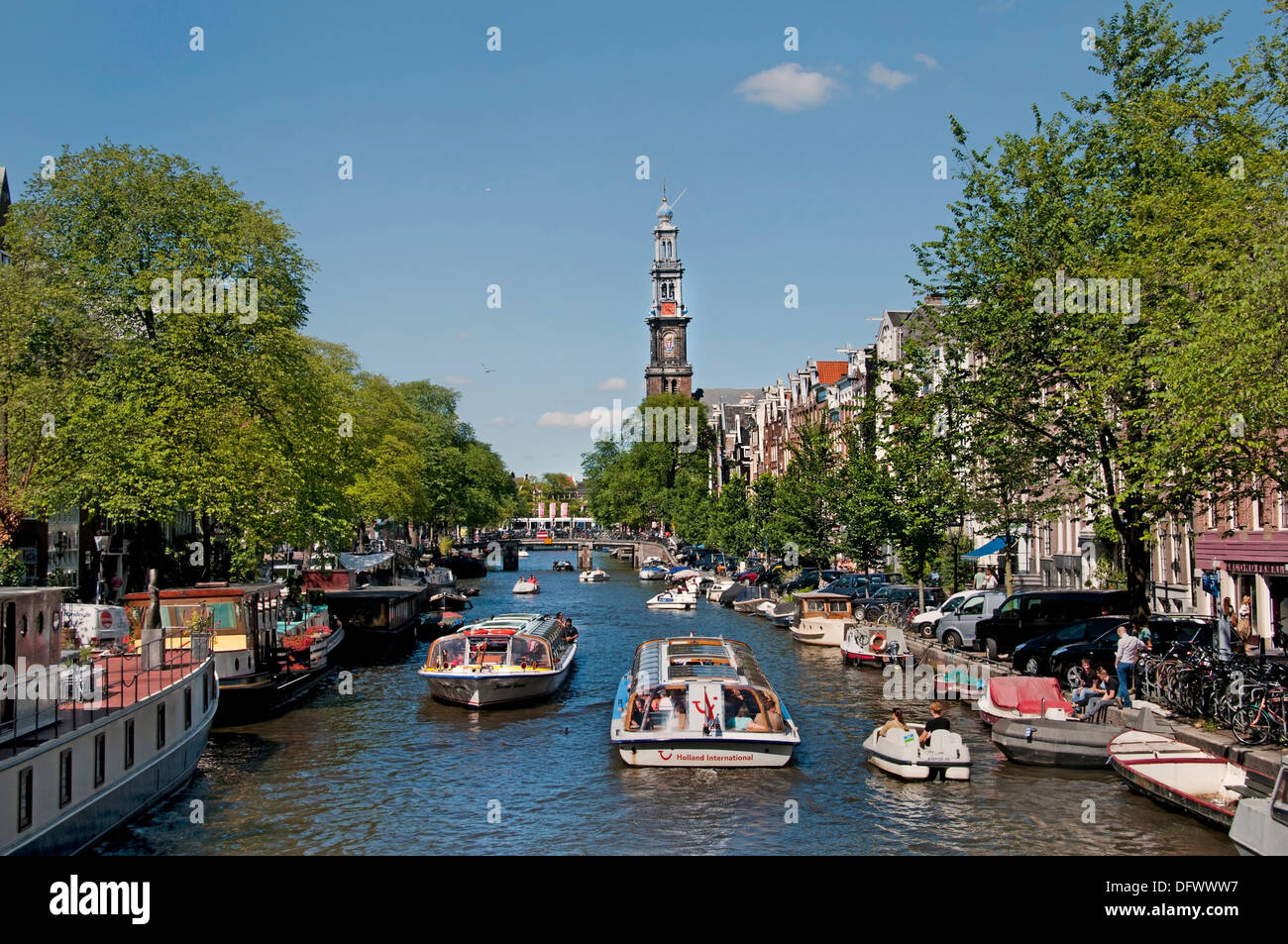 Prinsengracht Westerkerk Canal House Boat Amsterdam NetherlandsAmsterdam Niederlande Stockfoto