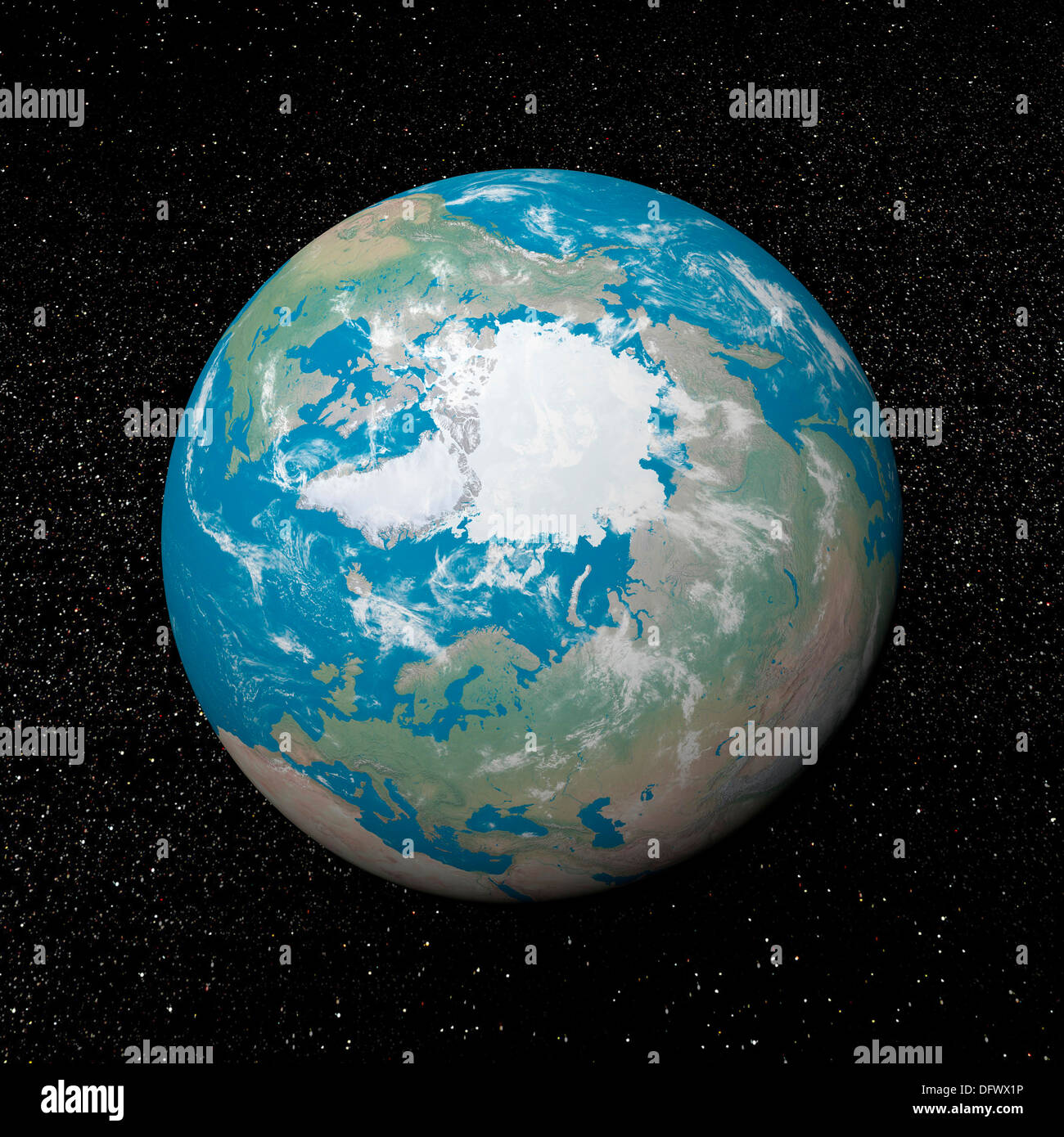 3D-Rendering des Planeten Erde am Nordpol, Sternenhimmel Hintergrund zentriert. Stockfoto