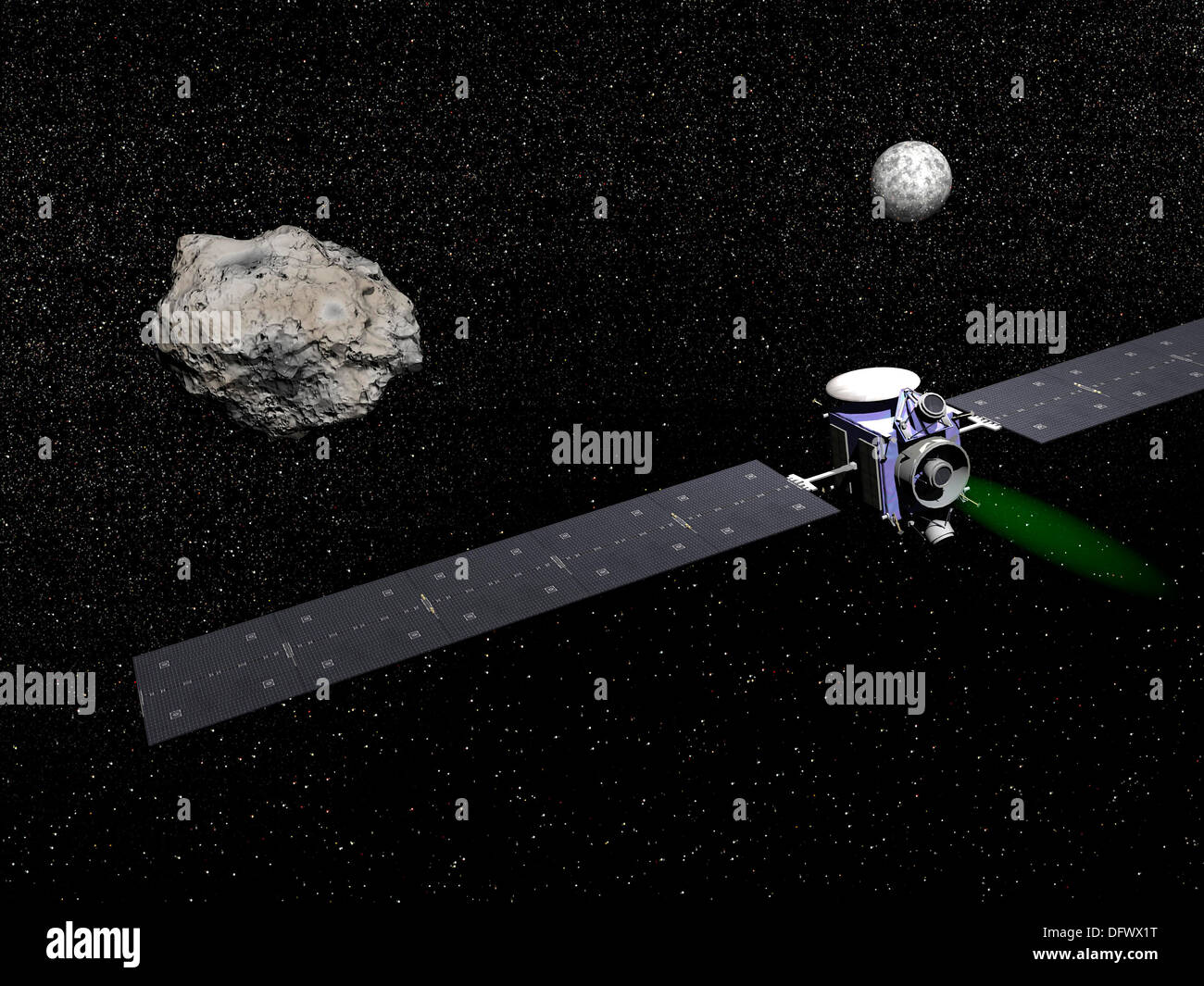 Dawn Unbemannte Raumfahrzeuge im Orbit Ceres und Vesta, Mitglieder des Asteroidengürtels, um sie im Raum zu studieren. Stockfoto