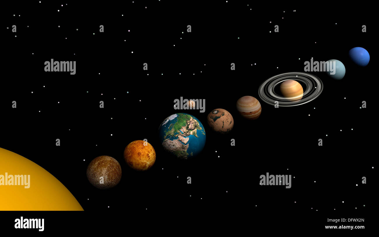 Alle Planeten des Sonnensystems; Merkur, Venus, Erde, Mars, Jupiter, Saturn, Uranus und Neptun. Stockfoto