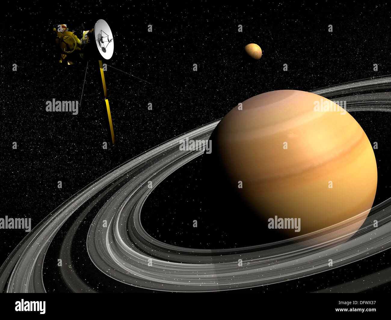 Raumsonde Cassini umkreist Saturn und und seinem Mond Titan. Stockfoto