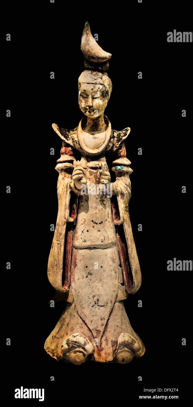 Höfische Dame Tang-Dynastie, 618-906 7.Jahrhundert Museum China chinesische Steingut mit Spuren von Farbe Stockfoto