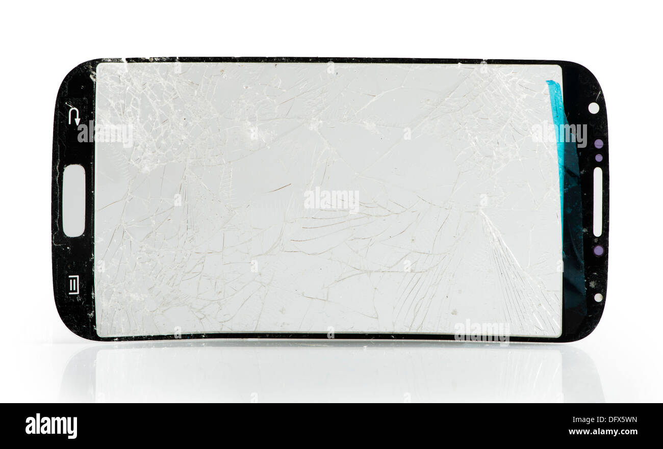 Telefon Glasscherben. Weiß isoliert Studioaufnahme Stockfoto