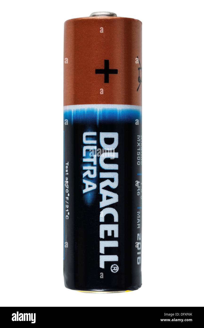Eine Duracell ultra AA-Batterie auf einem weißen Hintergrund Stockfoto