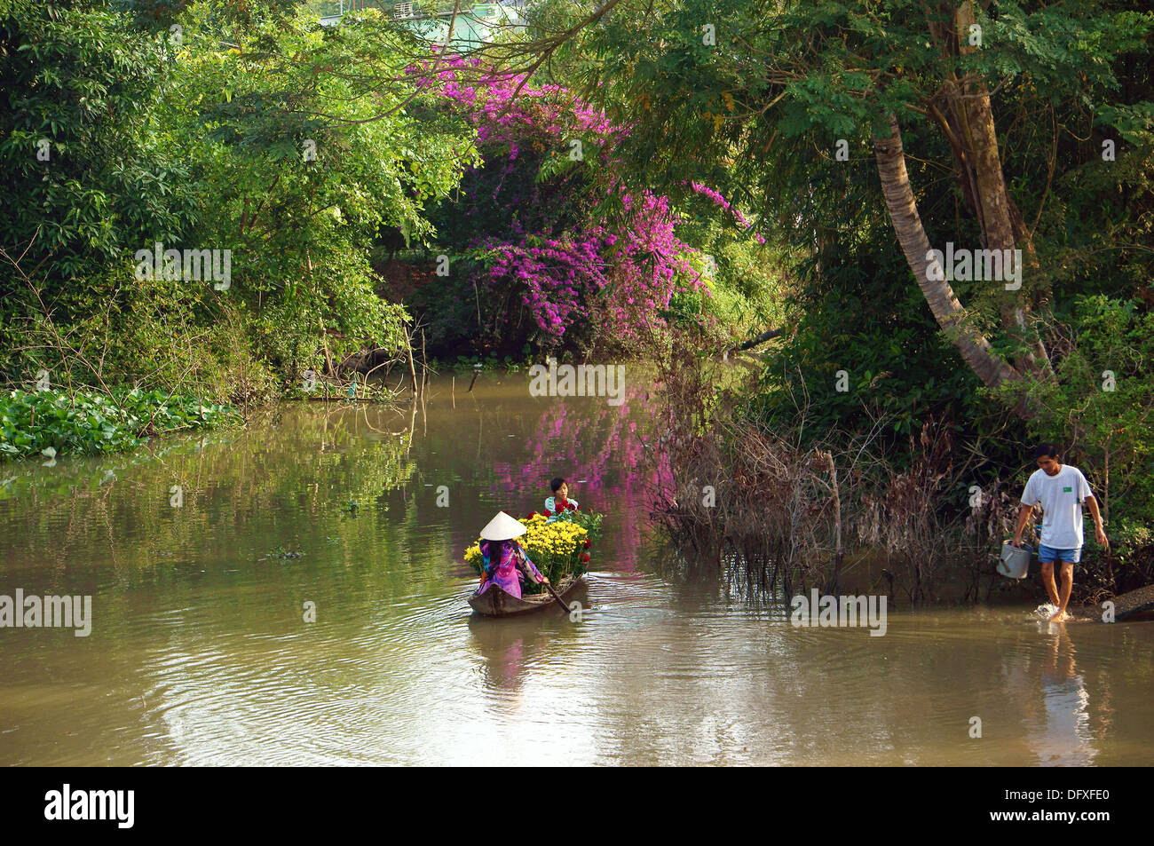Frauen Rudern das Ruderboot zum Transport Blumentopf im Frühling Stockfoto
