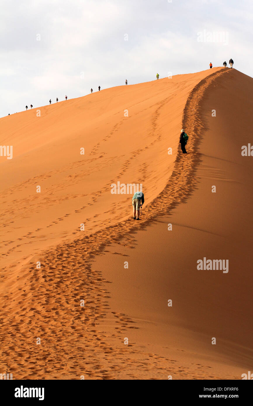 Touristen Klettern auf der berühmten Sossusvlei Düne 45 in der Namib-Wüste, Namibia. Stockfoto