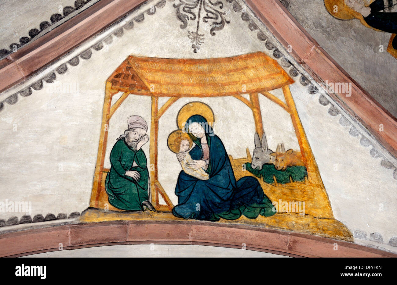 Basel / Basel, Schweiz. Basler Münster (Kathedrale) spätromanischen Fresken in der Krypta. Die Geburt Christi Stockfoto