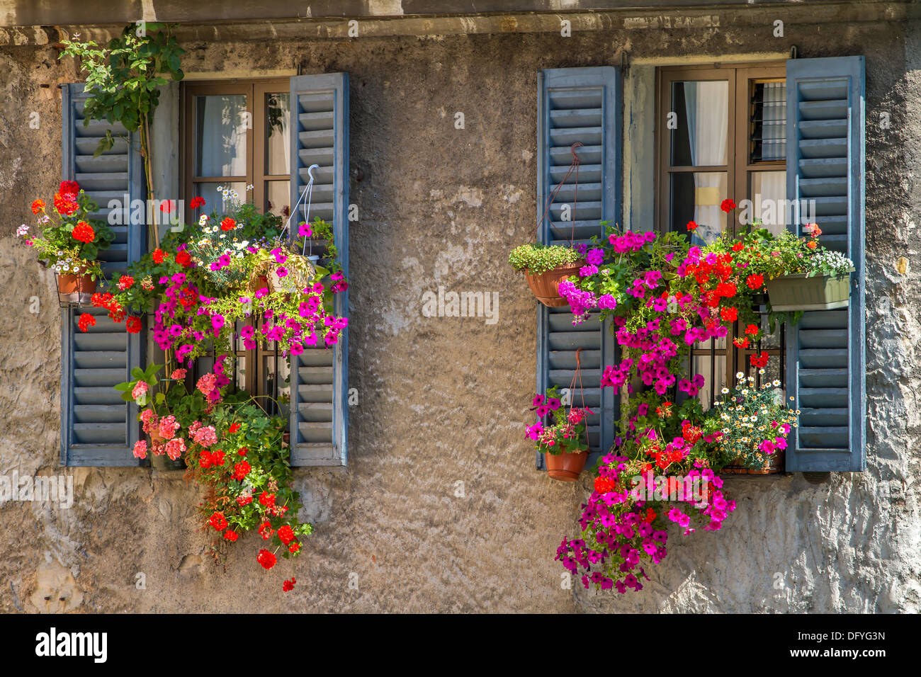 Vintage-Fenster mit offenen Fensterläden aus Holz und frische Blumen Stockfoto