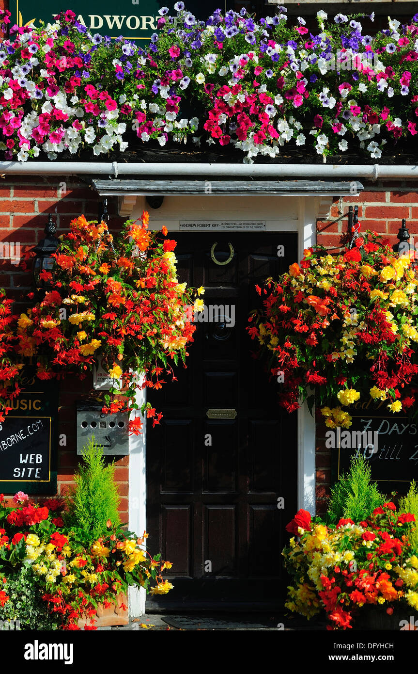 Eine sehr bunte Blume Anzeige vor einem Pub UK Stockfoto