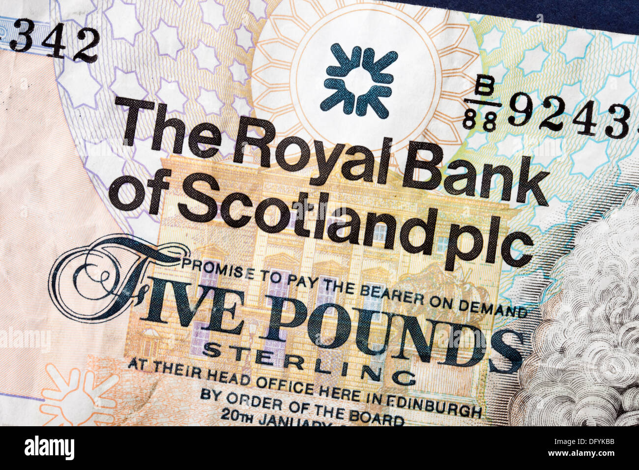 Nahaufnahme einer schottischen 5 Pfund Sterling Note, herausgegeben von der Royal Bank of Scotland UK Britain Stockfoto