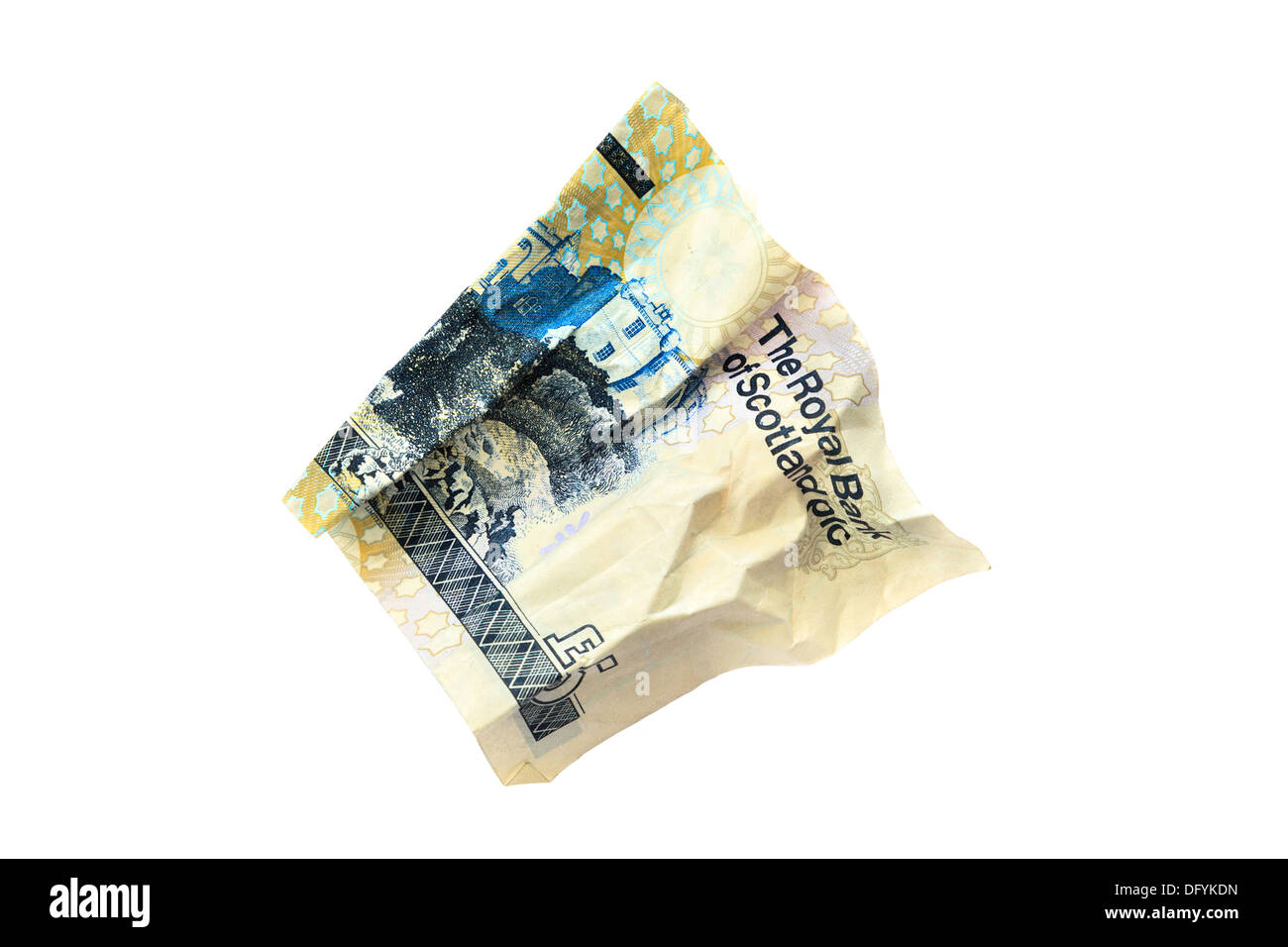 Royal Bank of Scotland Scottish fünf-Pfund-Note vermasselt und isoliert auf weiss. Großbritannien UK. Stockfoto