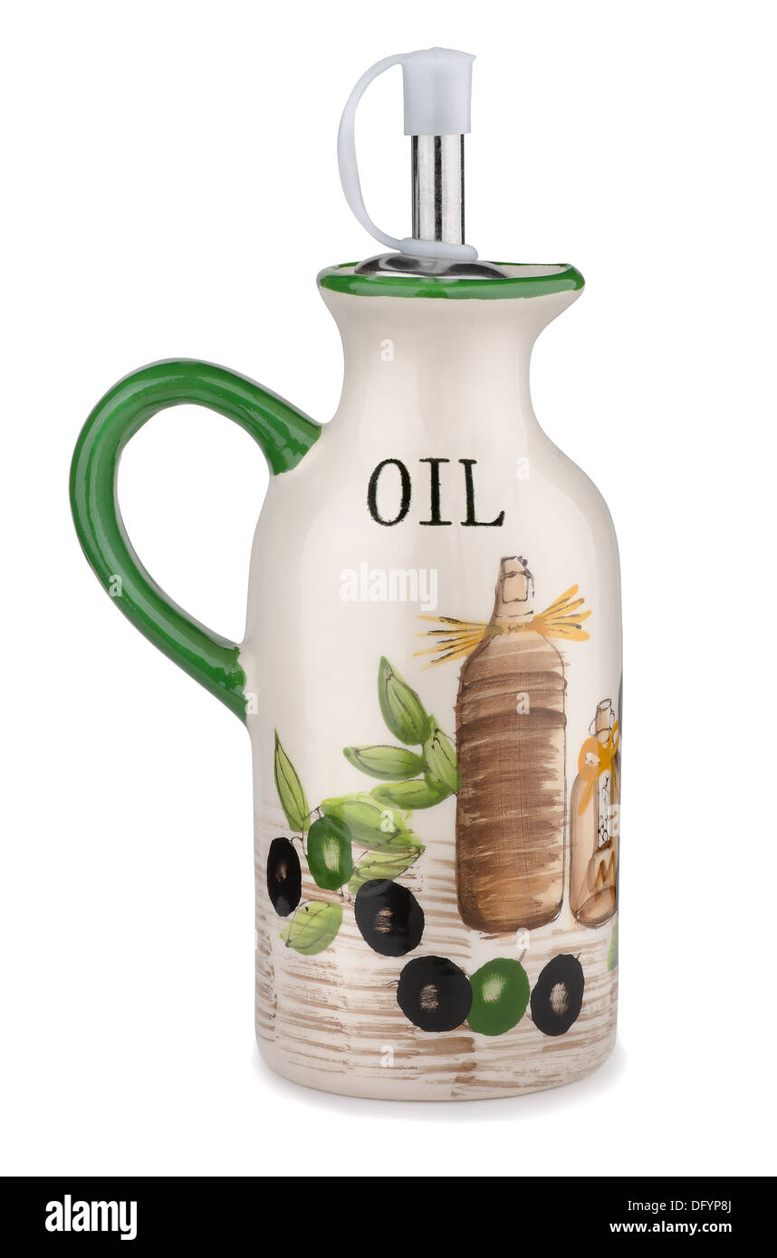 Handgefertigte Keramik Olivenöl Krug isoliert auf weiss Stockfoto