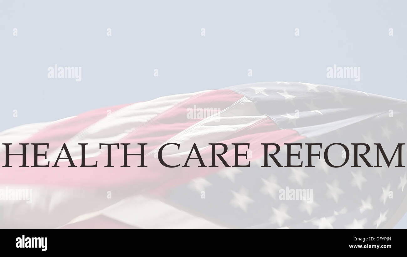die Worte Gesundheitsreform auf einem wirbelnden amerikanische Flagge Stockfoto