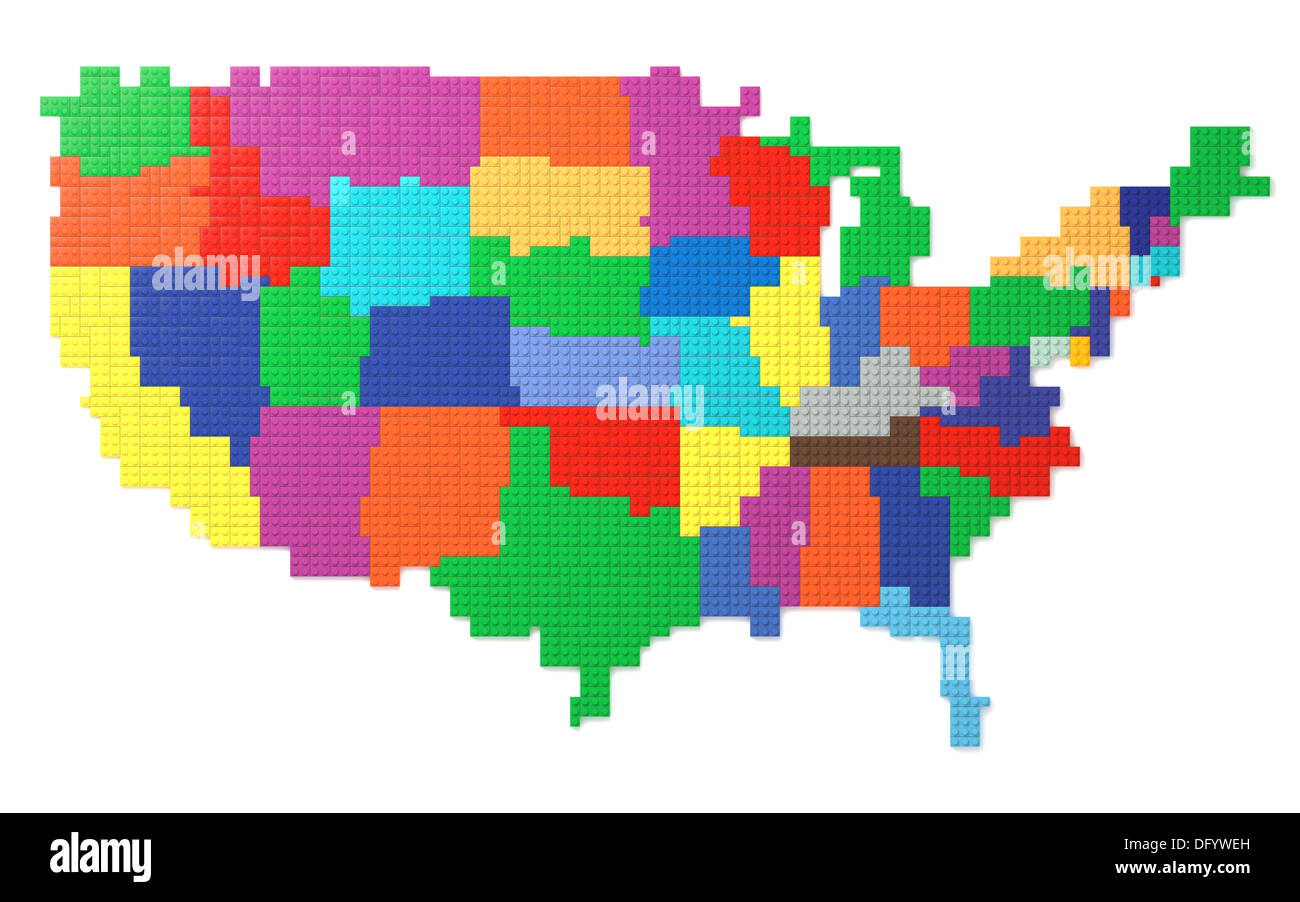 Amerikanische Karte gemacht mit Spielzeug Ziegel auf weißem Hintergrund. 3D Render und Teil einer Serie. Stockfoto