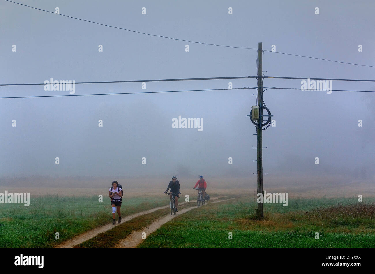 Pilger zu Fuß in der Nähe von Domiz. Provinz Lugo. Spanien. Camino de Santiago Stockfoto