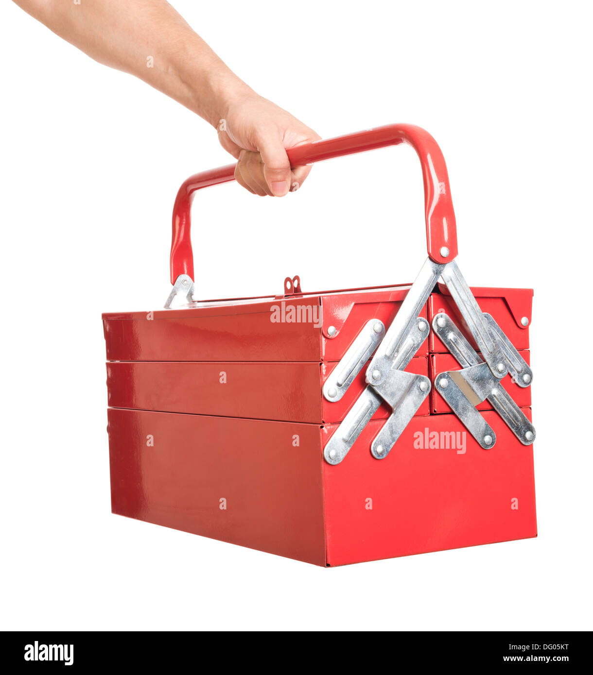 Rot Metall-Toolbox in die Hand eines Mannes Stockfoto