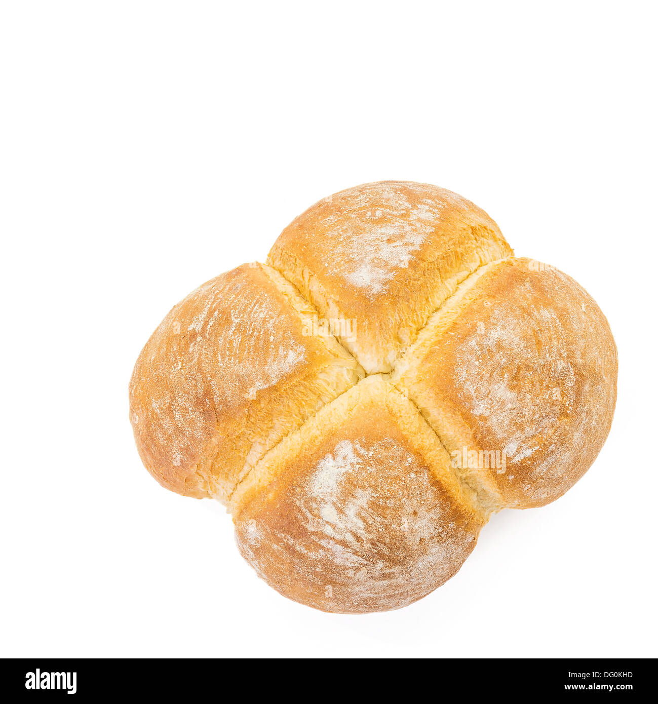 Vier Brötchen Brot auf weißem Hintergrund, mit Platz für Ihren Text von oben geschossen Stockfoto