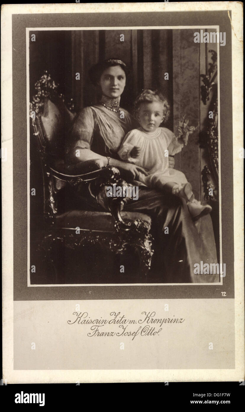 AK Kaiserin Zita von Bourbon-Parma Mit Kronprinz Franz Josef Otto; Stockfoto