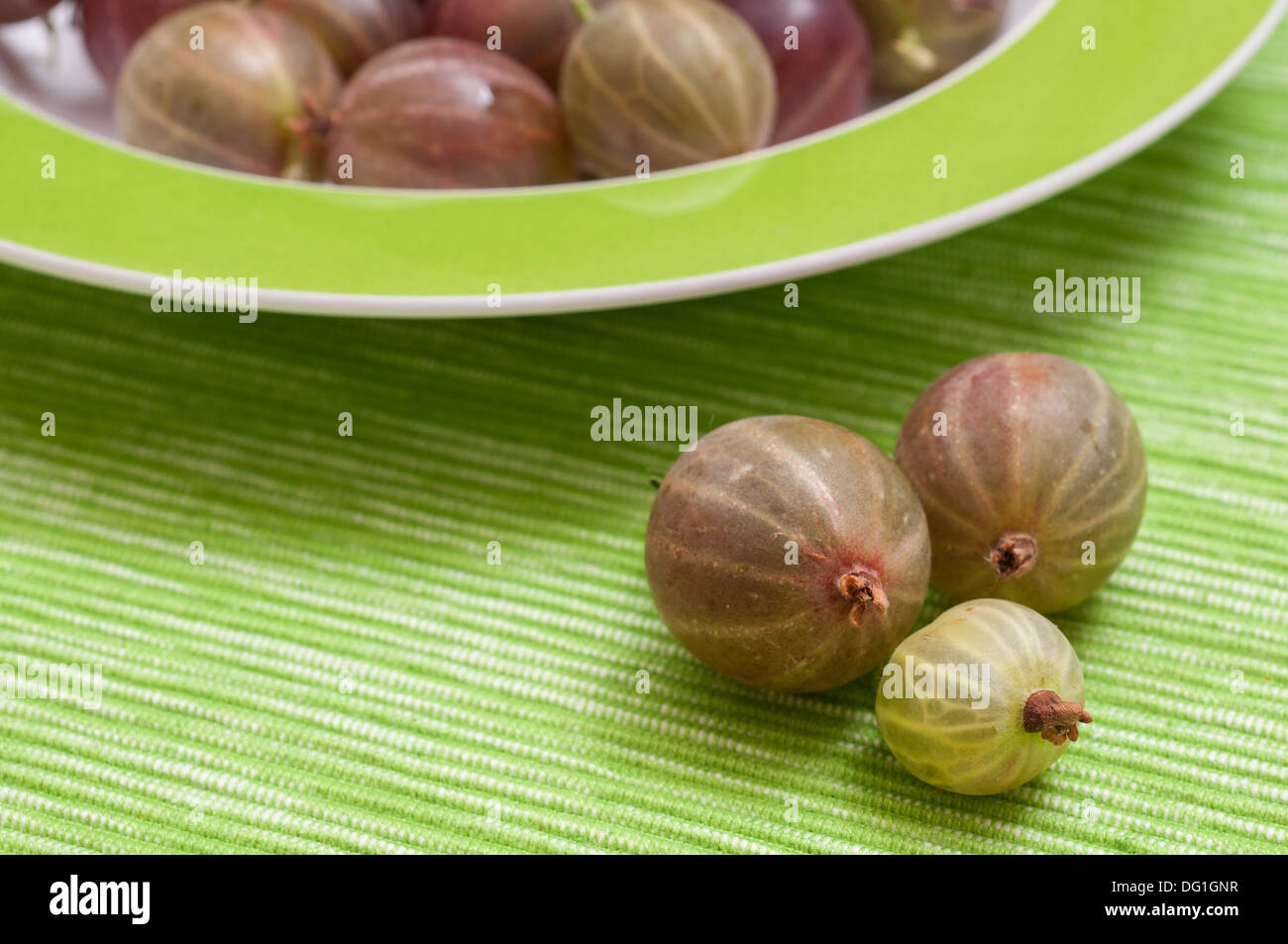 Drei grüne Stachelbeeren auf einer grünen Decke Stockfoto