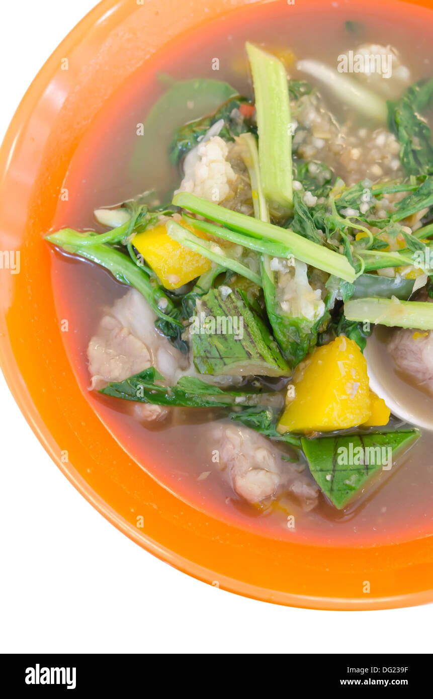 herzhafte dicke Suppe aus Schweinefleisch, Gewürze und Gemüse-Mischung in orange Schüssel, asiatische Suppe Stockfoto