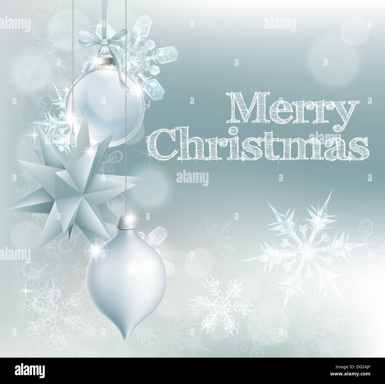 Weihnachten Schneeflocke und Dekoration Hintergrund mit frohe Botschaft und Silber Weihnachtskugeln Stockfoto