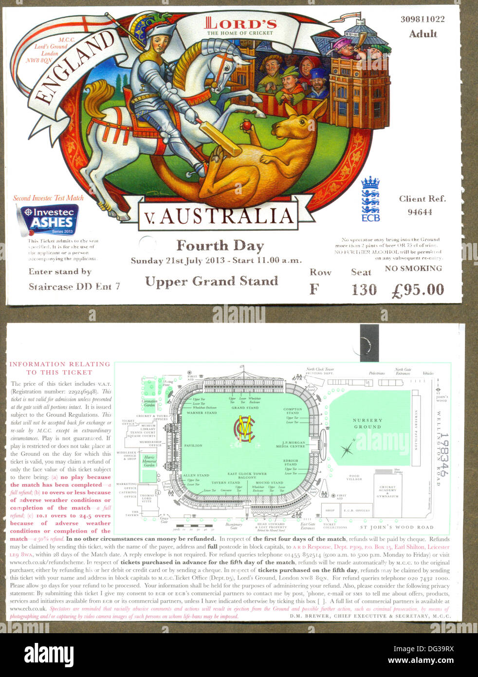 Test-Match Tickets für England gegen Australien Cricket Spiel Stockfoto