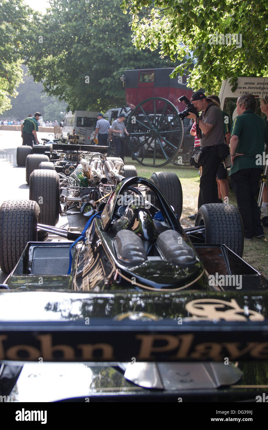 Reihe der klassischen Formel 1 Autos kurz vor Rennen. Goodwood Festival 2013. Stockfoto