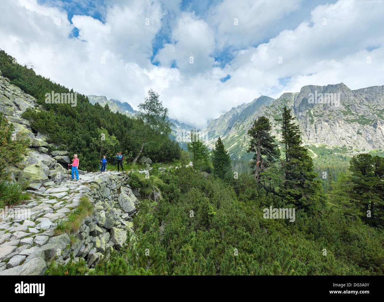 Hohe Tatra Sommer bewölkt Bergblick Familie Weg. (Slowakei, Fußweg zwischen Popradske Pleso und Strebske Pleso) Stockfoto