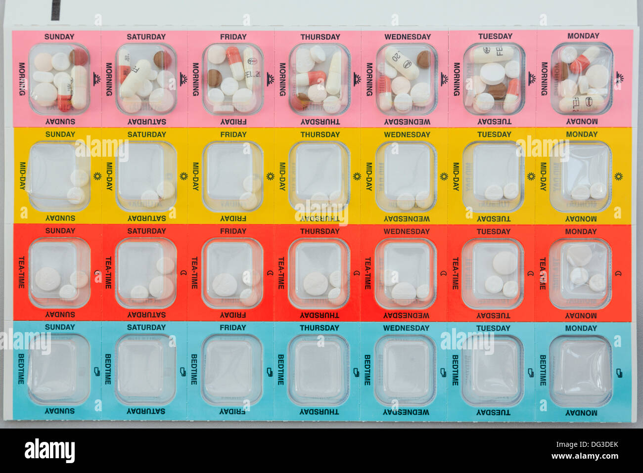 Medizin Manager Farbe blisterverpackung mit sieben Tage der Medikation vier Mal pro Tag jeden Tag codiert. England Großbritannien Großbritannien Stockfoto