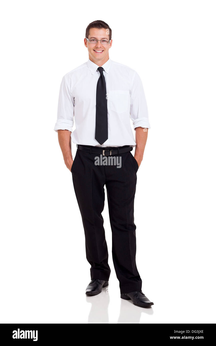 fröhliche Geschäftsmann posiert auf weißem Hintergrund Stockfoto