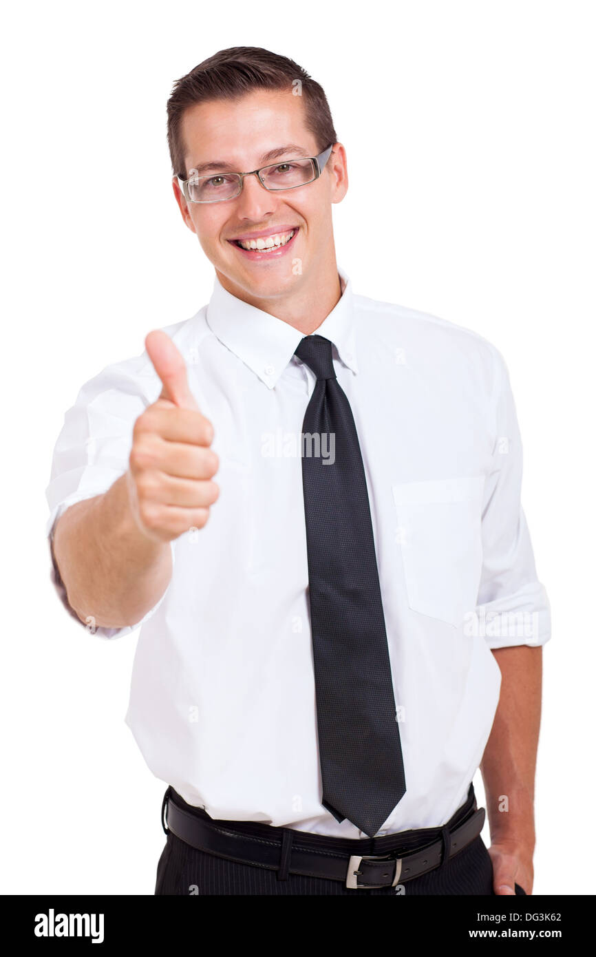 fröhliche Geschäftsmann Daumen aufgeben auf weißem Hintergrund Stockfoto