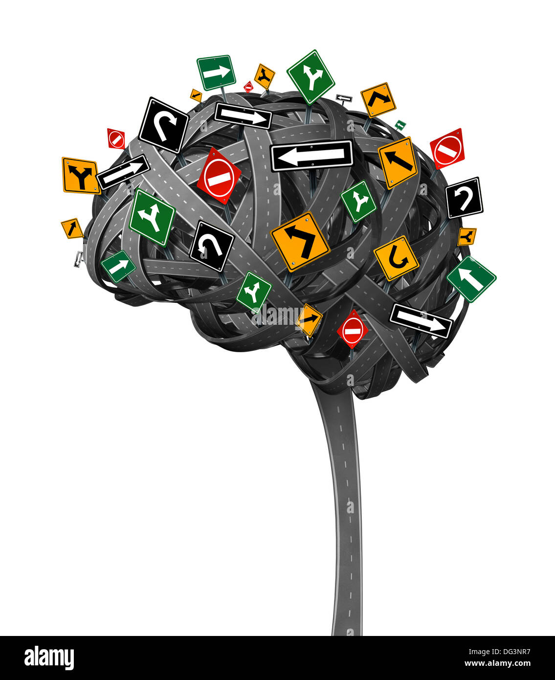 Gehirn Richtung Neurologie Konzept für Demenz mit verschlungenen Straßen in der Form des menschlichen Denkens Organs mit verwirrenden Straße Verkehrszeichen als Symbol für Gesundheit und Metapher für Gedächtnisverlust und Verwirrung auf einem weißen Backhground. Stockfoto