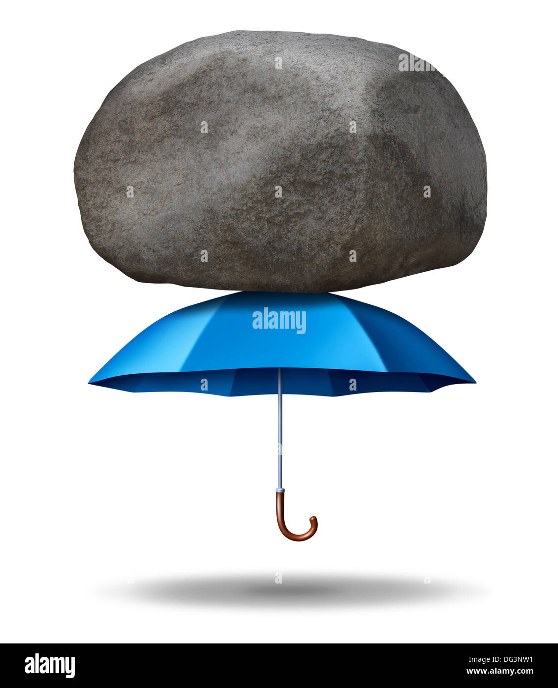 Starker Schutz-Business-Konzept mit einem starken blauen Schirm unterstützen und Abschirmung einen riesigen Stein oder Felsbrocken vor dem Herunterfallen als Inegrity Symbol der Sicherheit Vertrauen und Stärke auf einem weißen Hintergrund. Stockfoto