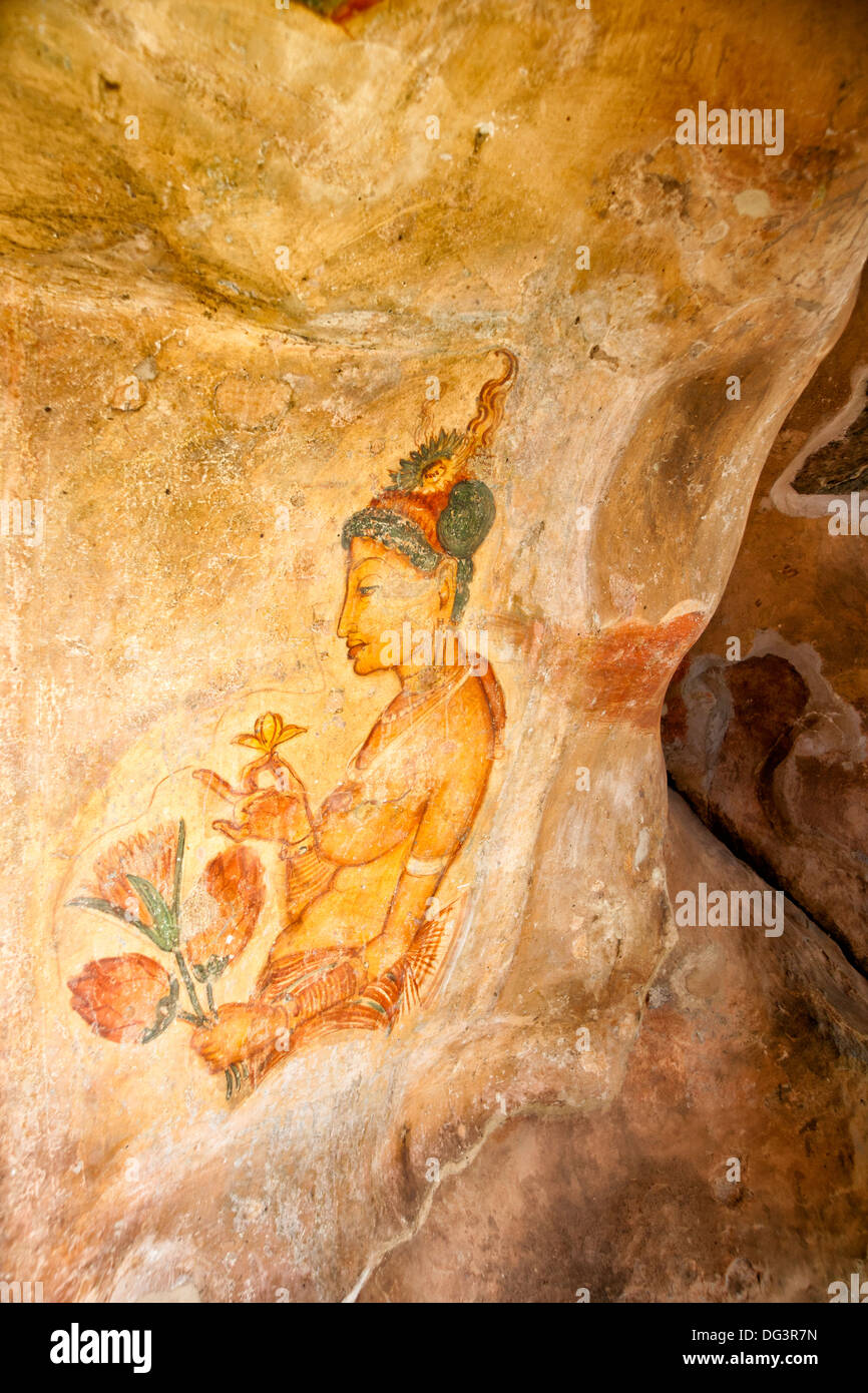 Apsara Fresken in Sigiriya-Felsen, König Kassapa Festung AD 477-495, der UNESCO, Sigiriya, Sri Lanka, Asien Stockfoto