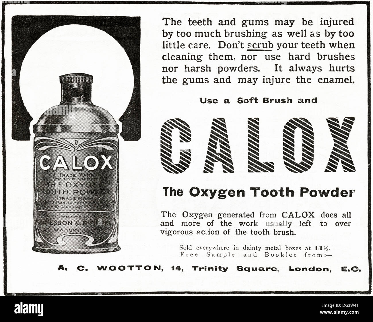 Original 1900er Jahren Werbung Werbung CALOX Sauerstoff ZAHNPULVER. Magazin Anzeige ca. 1908 Stockfoto