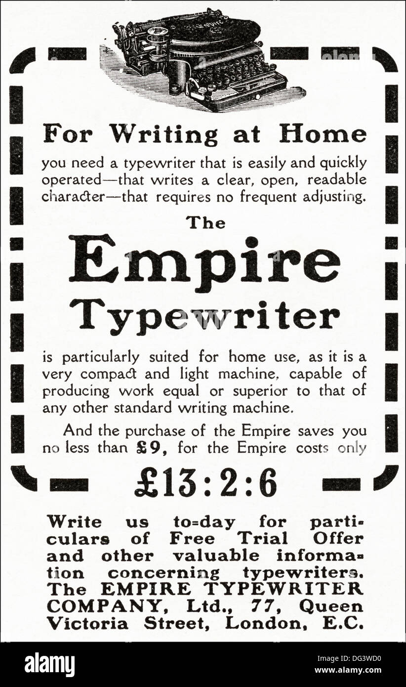 Original 1900er Jahren Werbung Werbung THE EMPIRE Schreibmaschine. Magazin Anzeige ca. 1908 Stockfoto