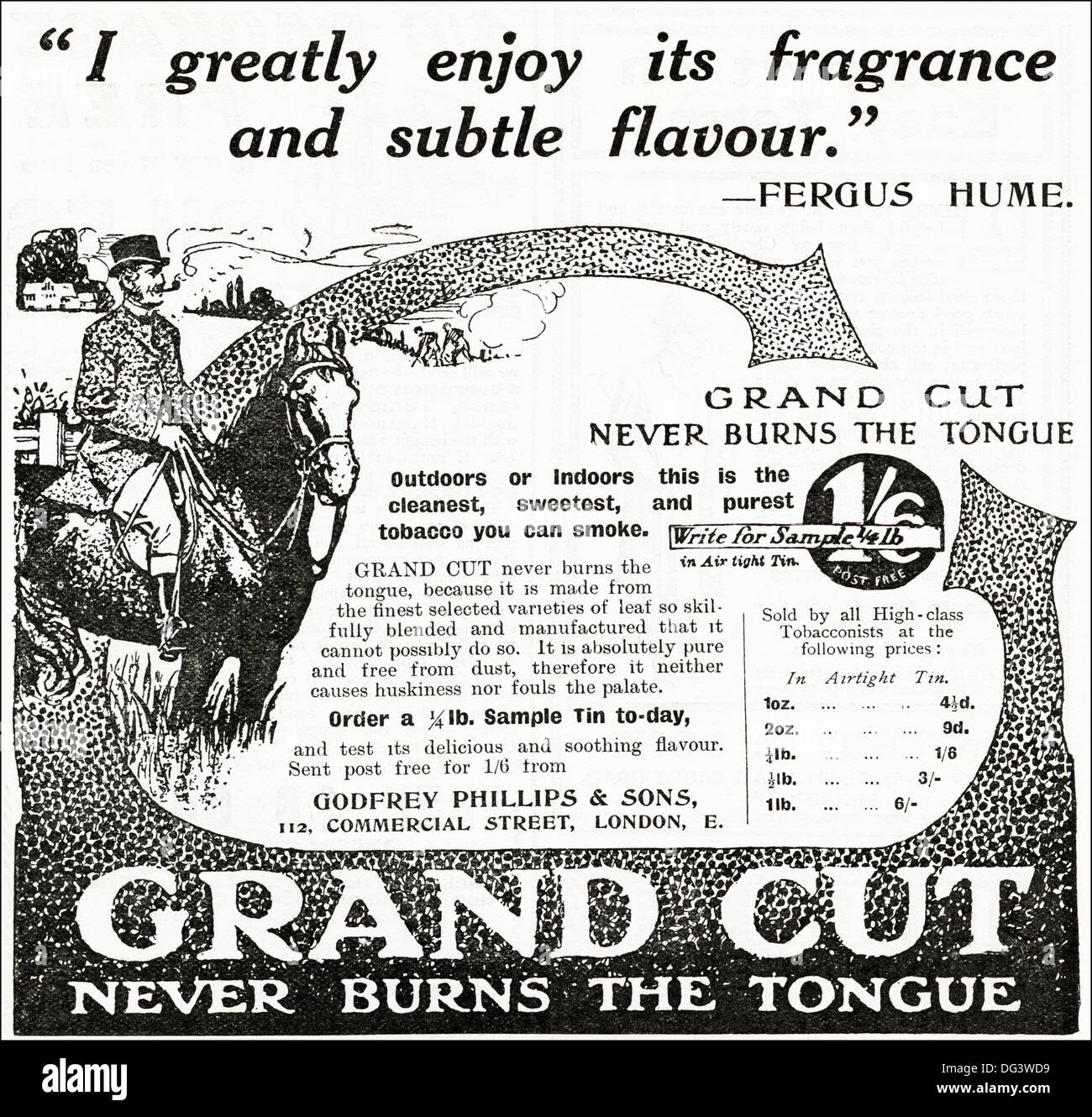 Original 1900er Jahren Werbung Werbung GRAND schneiden Pfeifentabak. Magazin Anzeige ca. 1908 Stockfoto