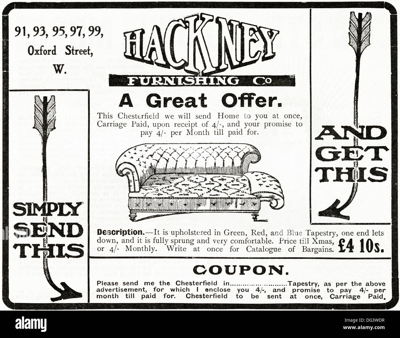 Original 1900er Jahren Werbung Werbung HACKNEY Ausstattung Co. Magazin Anzeige ca. 1908 Stockfoto