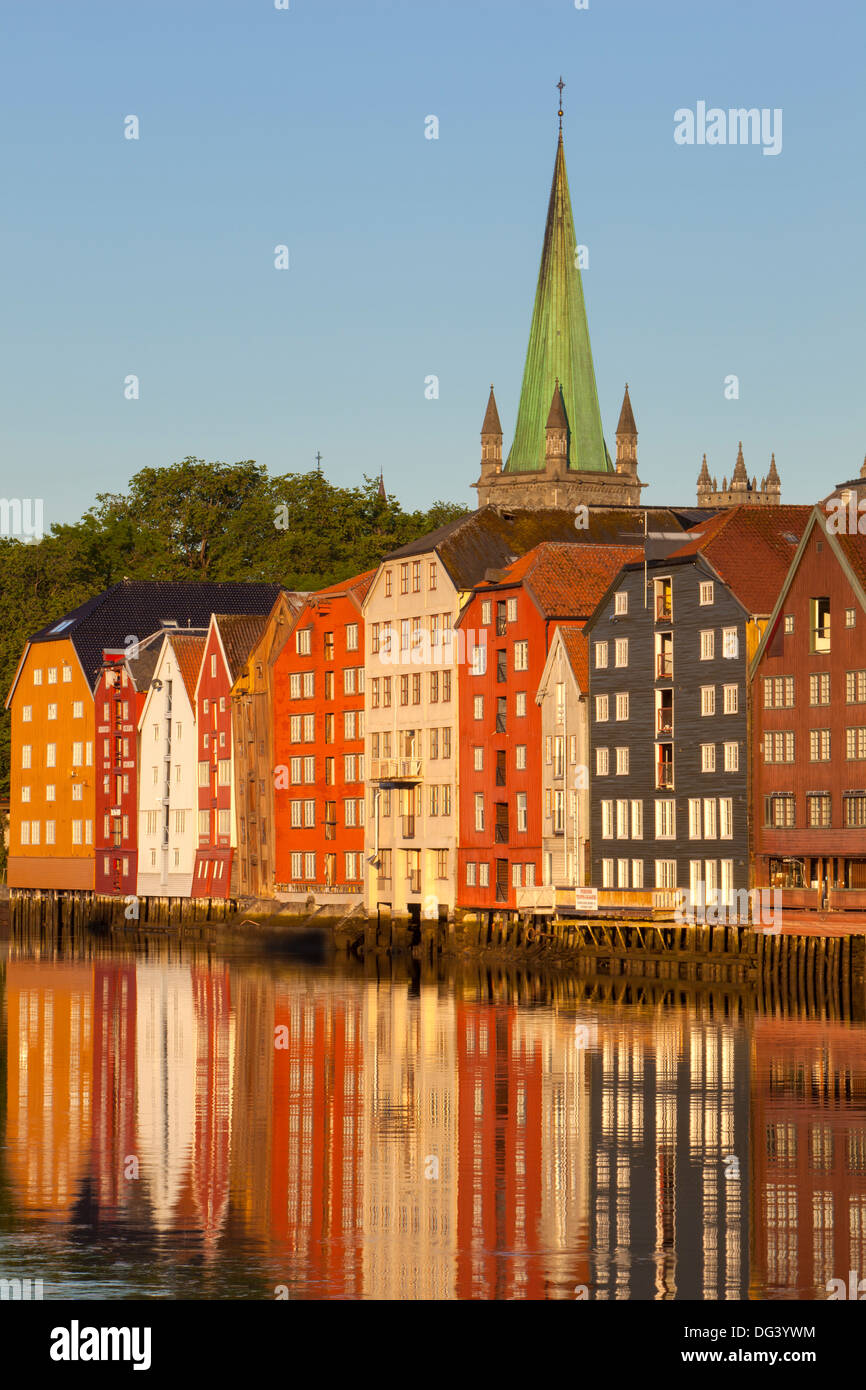 Nidaros Kathedrale und alten Fischerei Lagerhallen spiegelt sich in den Fluss Nidelva, Trondheim, Sor-Tröndelag, Norwegen, Skandinavien Stockfoto