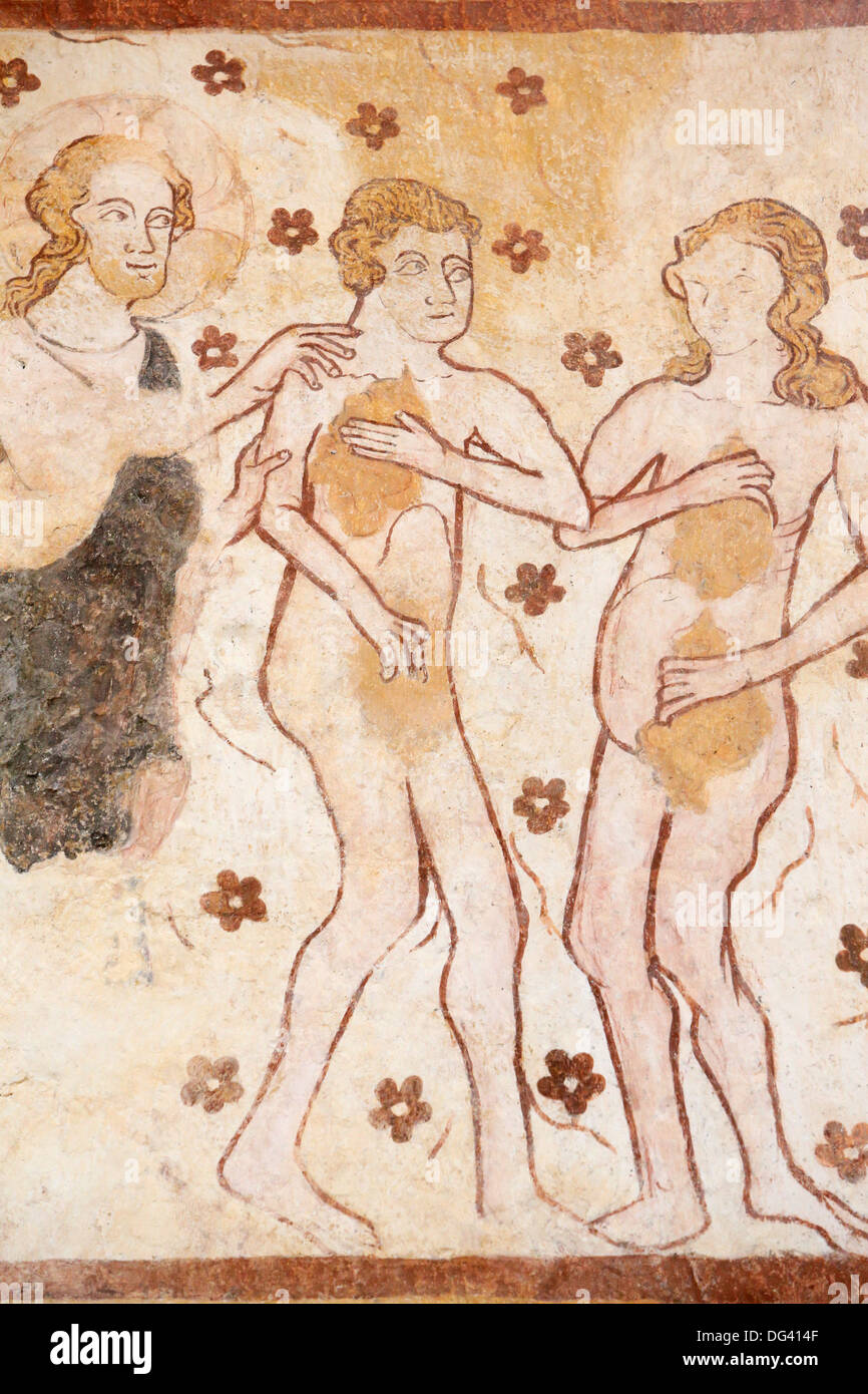 Wandbild von Adam und Eva verbannt aus dem Garten Eden, aus dem 12., Kirche von Moutiers, Yonne, Burgund, Frankreich Stockfoto
