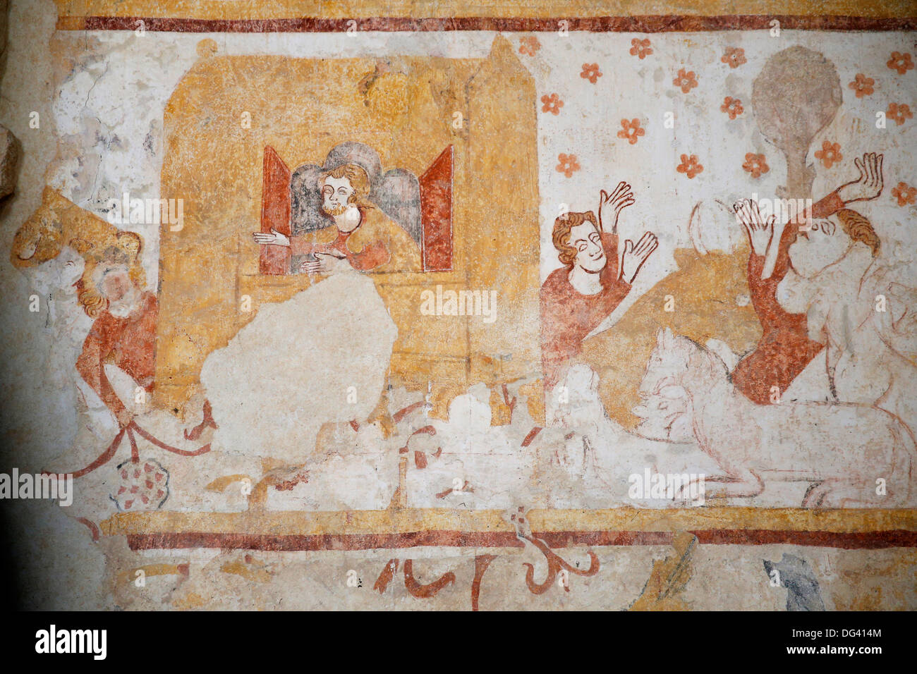 Wandbild von Noahs Arche und die Sintflut, stammt aus dem 12. bis 16. Jahrhundert Kirche von Moutiers, Yonne, Burgund, Frankreich, Europa Stockfoto