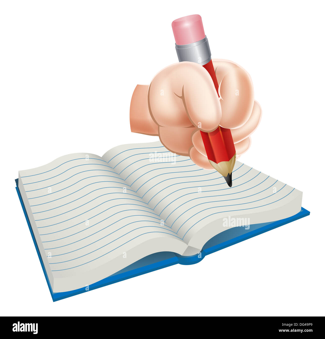 Ein Beispiel für eine Cartoon-Hand in ein Buch zu schreiben Stockfoto