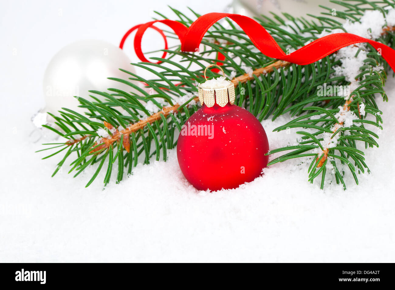 bedeckt mit Schnee Zweig von einem Weihnachtsbaum und die rote Kugel auf Schnee Hintergrund Stockfoto
