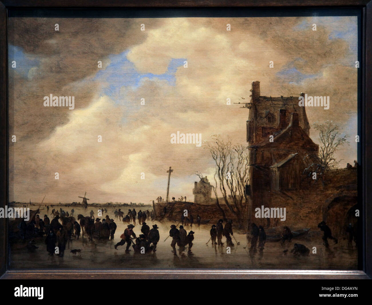 Szene auf dem Eis.(1655) schönes Gemälde von Jan Jozephsz van Goyen (1596 – 1656). Niederländischer Landschaftsmaler painter.Leiden.Netherlands.Dutch. Stockfoto