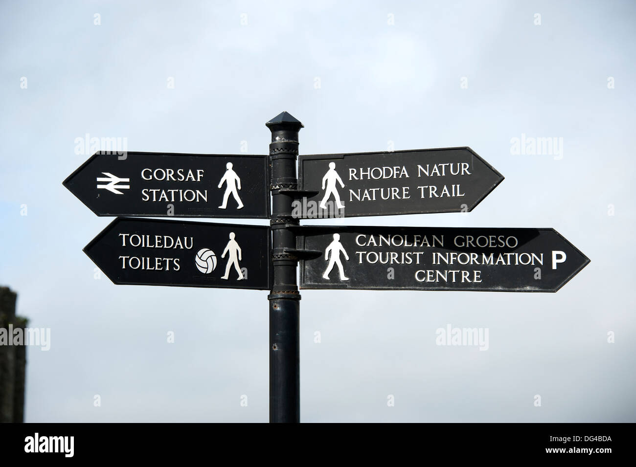 Welsh Englisch Tourist Schild zweisprachige Station Gorsaf Stockfoto