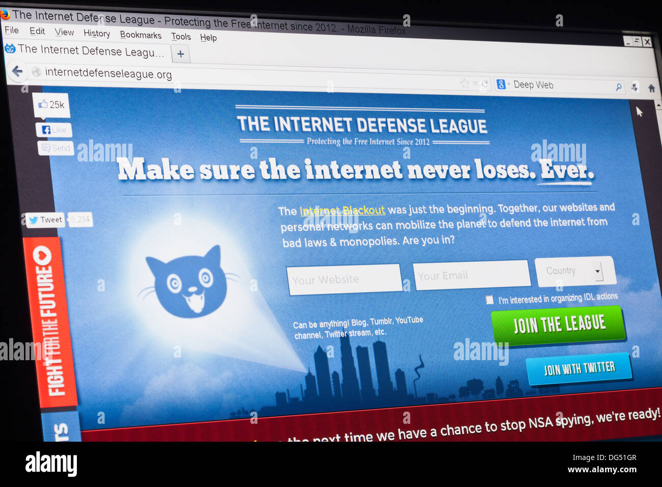 Screenshot von der Internet-Verteidigung-Liga-homepage Stockfoto