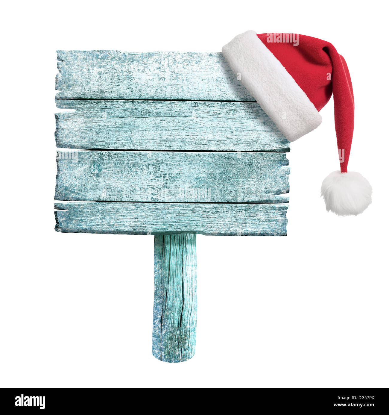 gefrorene Holzschild mit roter Weihnachtsmütze Stockfoto