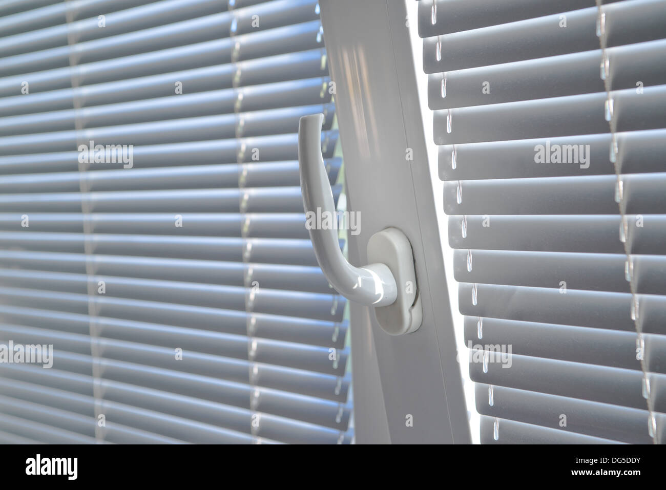 Horizontal-Jalousien-Fenster schließen Sie herauf Bild mit Schwerpunkt auf Fenster-Handle. Stockfoto