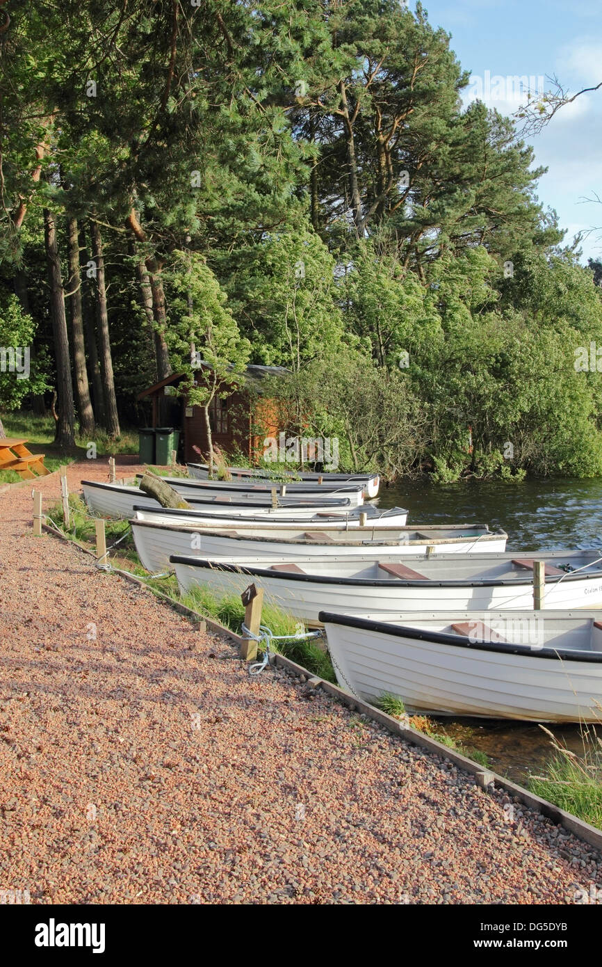 Hölzerne Boote vertäut am Glencorse Reservoir, Pentland Hills Regional Park, Midlothian, Scotland, UK Stockfoto